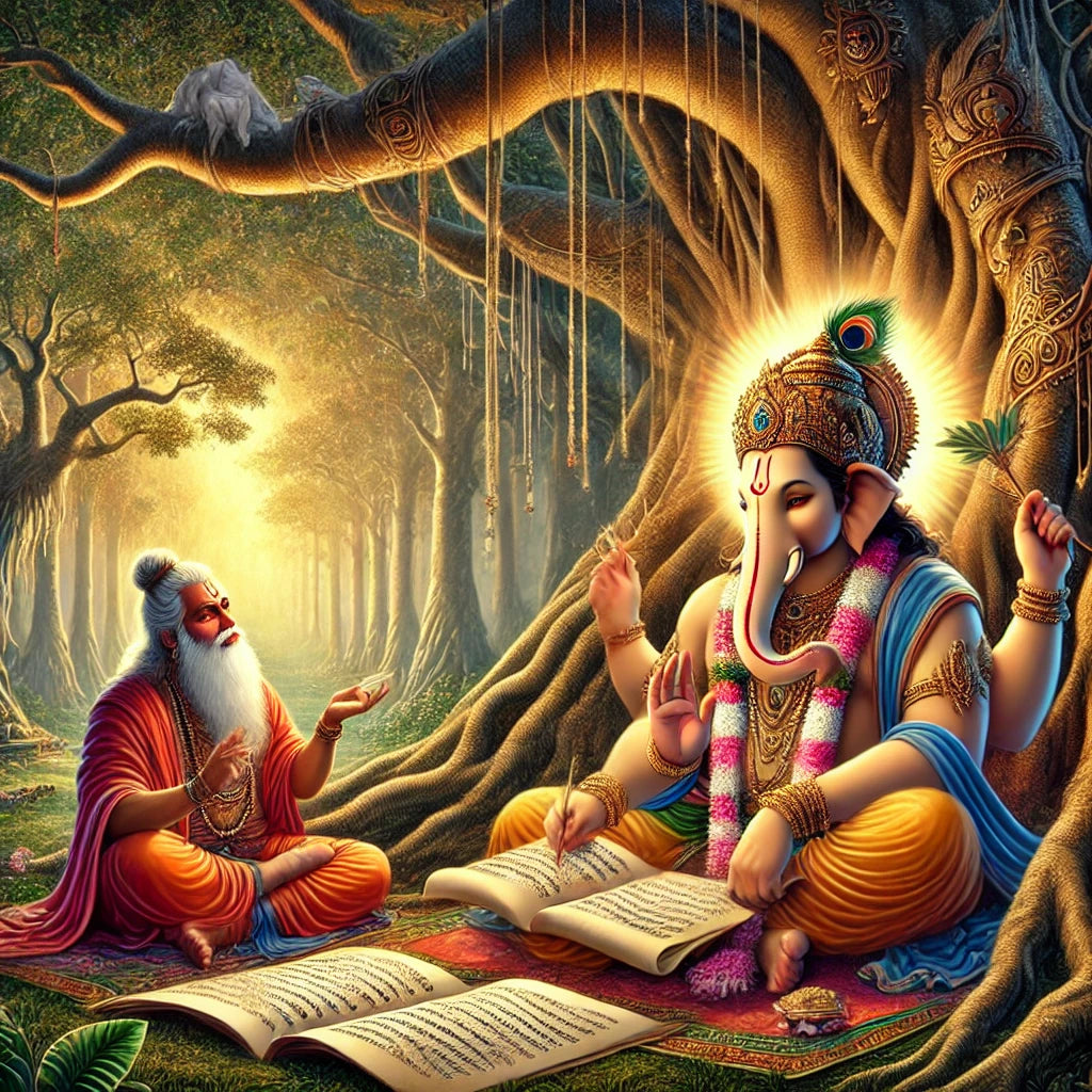 Maharishi Vyasa narrating the Mahabharata to Lord Ganesha